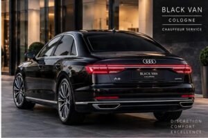 Rear exterior view of the black Audi A8 VIP Edition chauffeur car