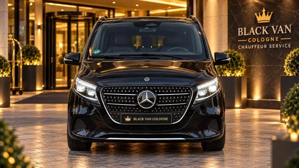 Black Mercedes-Benz V-Class chauffeur van, front view at a hotel-style entrance