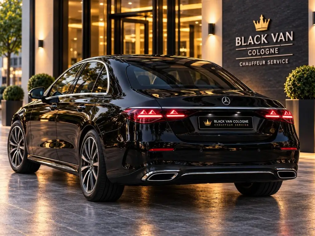 Black Mercedes-Benz E-Class chauffeur sedan viewed from the rear at night