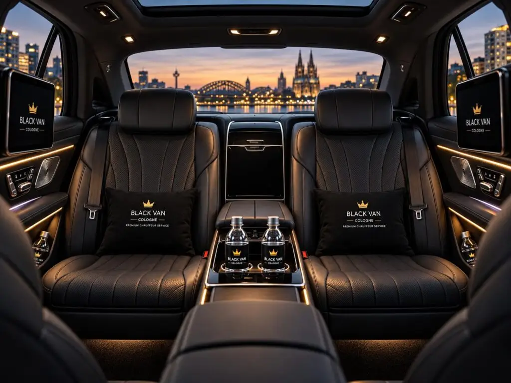 Premium Mercedes-Benz passenger cabin with black leather seats, ambient lighting and Black Van Cologne accessories