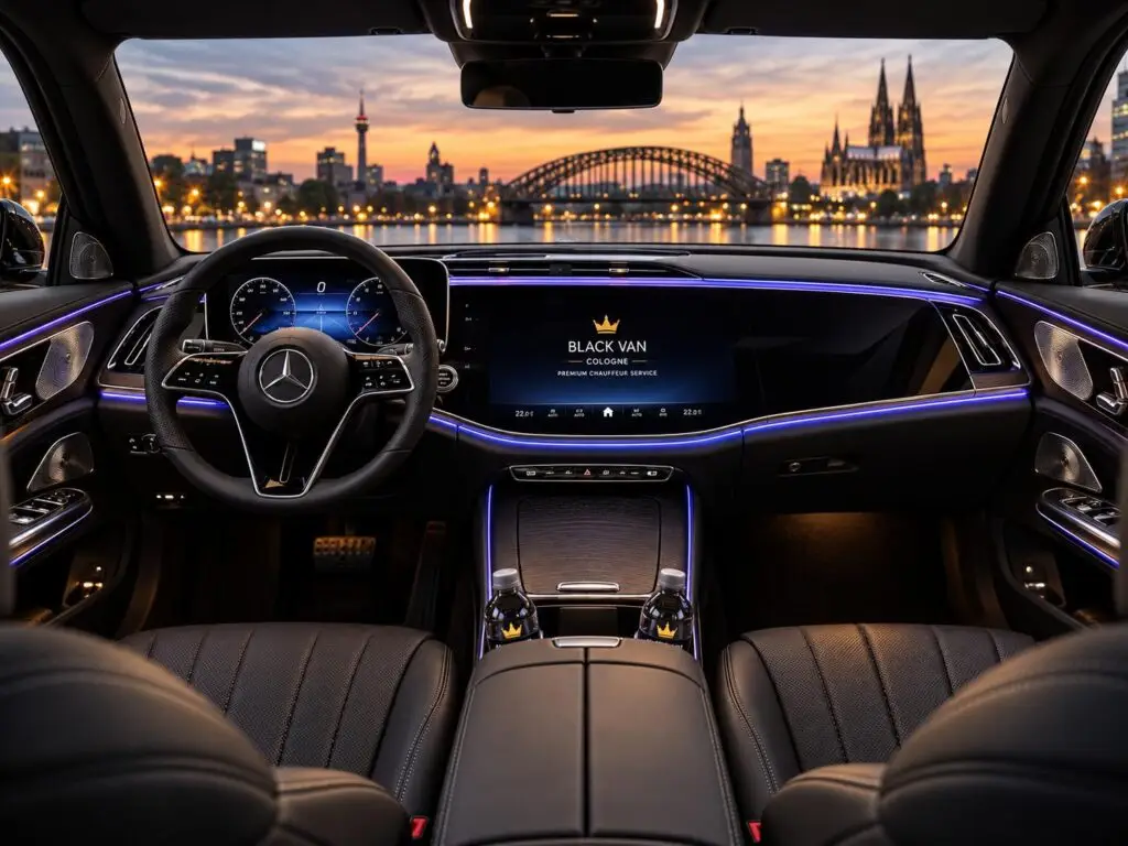 Mercedes-Benz E-Class cockpit with digital displays, blue ambient lighting and leather seats