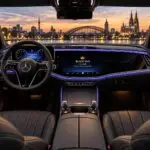 Mercedes-Benz E-Class cockpit with digital displays, blue ambient lighting and leather seats