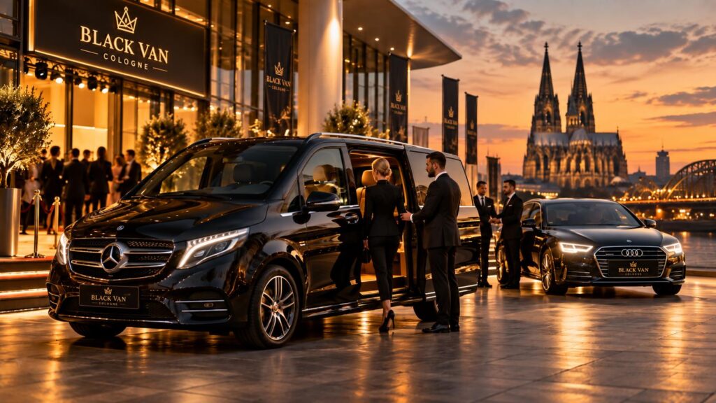 Chauffeur vehicles and guests outside a hotel in Cologne