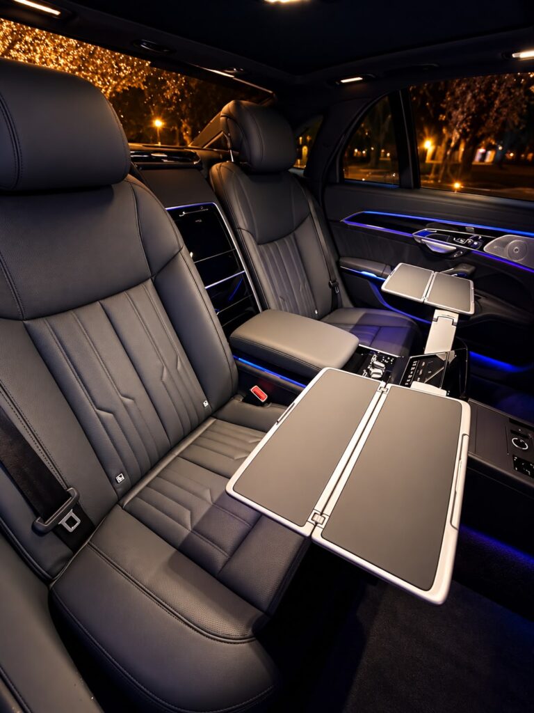 Rear passenger seats and folding table inside a chauffeur vehicle