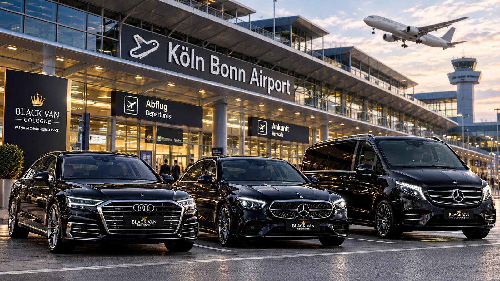 Chauffeur transfer from Cologne to Düsseldorf Airport DUS with Black Van Cologne