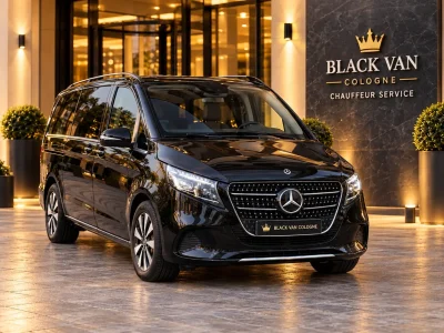Black Mercedes-Benz V-Class outside a hotel entrance