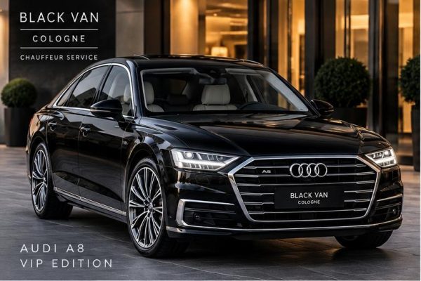 Schwarzer Audi A8 VIP Edition von Black Van Cologne vor einem Hoteleingang