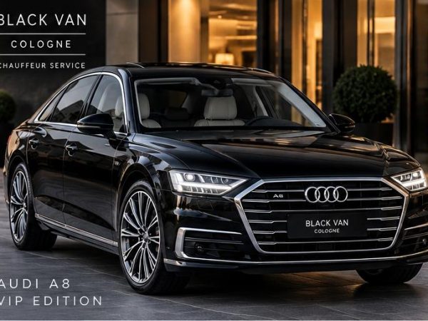 Schwarzer Audi A8 VIP Edition von Black Van Cologne vor einem Hoteleingang