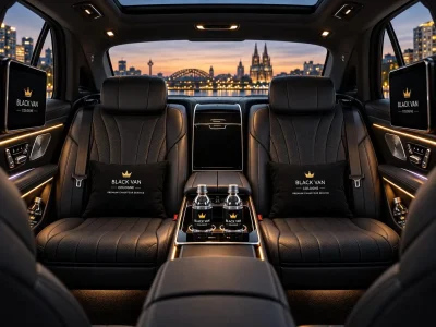 Premium Mercedes-Benz passenger cabin with black leather seats, ambient lighting and Black Van Cologne accessories